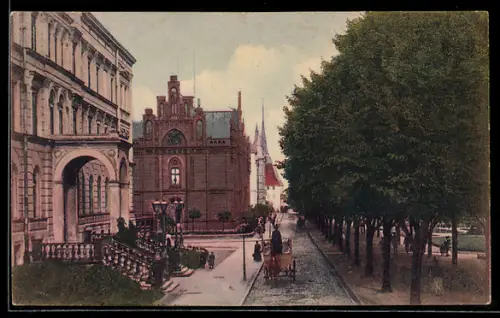 AK Rostock, Wallpromenade mit Pferdewagen