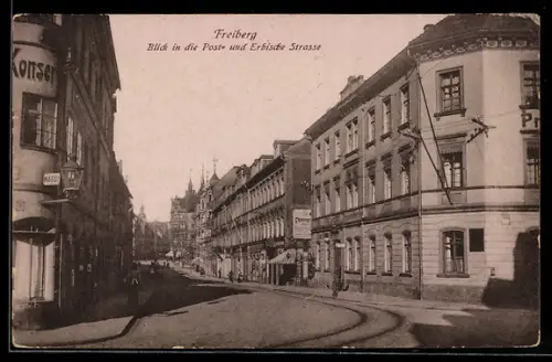 AK Freiberg, Blick in die Poststrasse und Erbische Strasse
