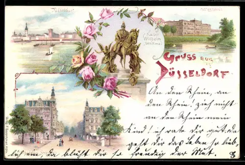 Lithographie Düsseldorf, Postgebäude, Panorama, Partie in der Elberfelder Strasse