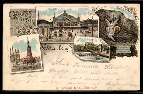 Lithographie Halle Saale, der Hauptbahnhof, Strassenbahnen unterwegs, Pontonbrücke und Burg Giebichenstein, Marktplatz