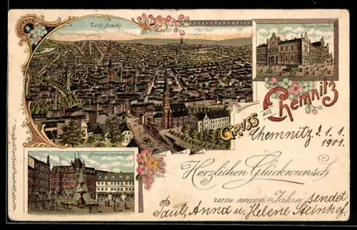 Lithographie Chemnitz, Neumarkt m. Fontaine, Kaiserl. Postamt