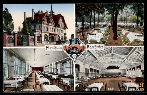 AK Markkleeberg, Forsthaus Raschwitz, Inh.: Paul Orwin, Garten und Saal