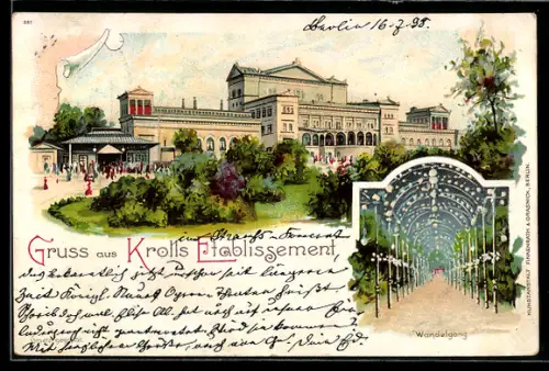 Lithographie Berlin-Tiergarten, Krolls Etablissement-Gebäudeansicht und Wandelgang