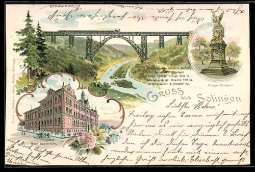 Lithographie Solingen, Neue Realschule, Eisenbahnbrücke, Krieger-Denkmal