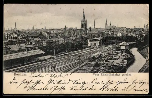 AK Bochum, Teilansicht mit Kirche vom Rhein-Bahnhof gesehen