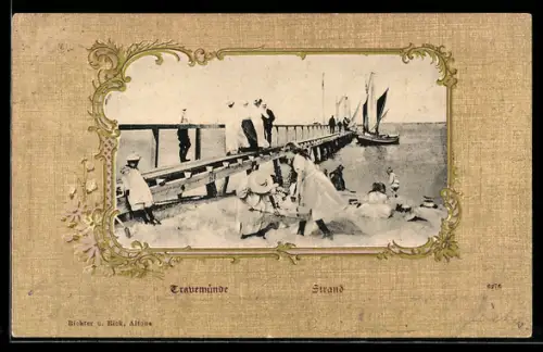 AK Travemünde, Strand, Brücke, Segelboote