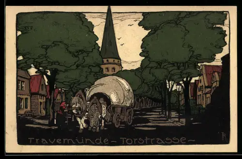 Steindruck-AK Travemünde, Torstrasse mit Pferdewagen