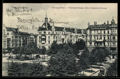 AK Berlin-Charlottenburg, Savigny-Platz und Grolman-Strasse, Ecke Knesebeck-Strasse