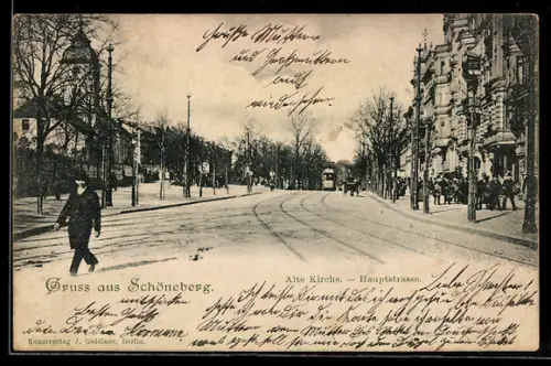 AK Berlin-Schöneberg, Alte Kirche und Hauptstrasse mit Strassenbahn