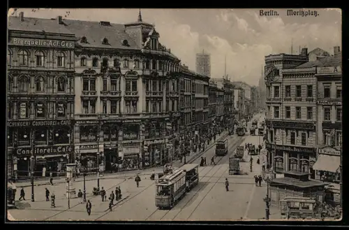 AK Berlin-Kreuzberg, Blick auf den Moritzplatz mit Strassenbahn, Geschäfte