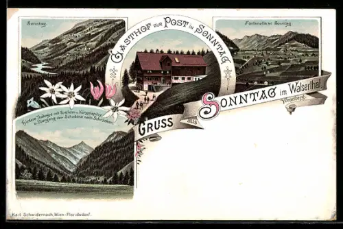 Lithographie Sonntag im Walserthal, Fontanella bei Sonntag, Gasthof zur Post, Hintere Thalenge