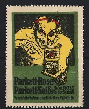 Reklamemarke München, Parkett-Rose, Parkettseife, Dämon mit Dose