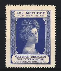 Reklamemarke Kolberg, Anstalten für Exterikultur, AOK-Methode für den Teint, Frauenporträt