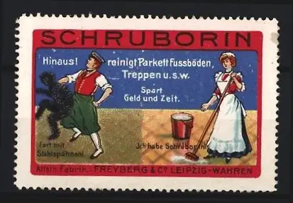 Reklamemarke Leipzig-Wahren, Freyberg & Co., Schruborin, Mann vertreibt Schmutzfigur