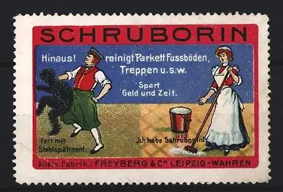 Reklamemarke Leipzig, Freyberg & Co., Schruborin, Frau mit Wischmopp