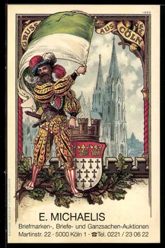 AK Köln, E. Michaelis, Briefmarken-, Briefe- und Ganzsachen-Auktionen, Martinstrasse 22, Ansichtskartenbörse