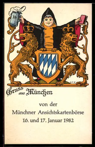 AK München, Ansichtskartenbörse 16. u. 17. Januar 1982, Münchner Kindl mit bayrischem Wappen