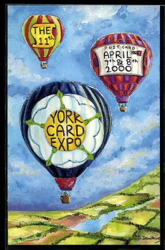 AK York, 11th York Post Card Expo 2000, Heissluftballone im Fluge über Landschaft