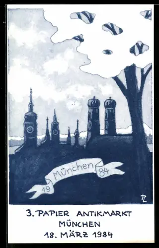 AK München, 3. Papier-Antikmarkt 1984, Silhouette von München, Ansichtskartenbörse