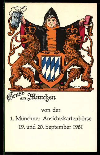 AK München, Ansichtskartenbörse 1982, Münchner Kindl und bayer. Wappen
