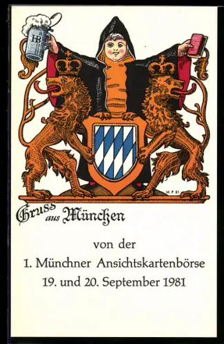 AK München, Ansichtskartenbörse 1982, Münchner Kindl und bayer. Wappen