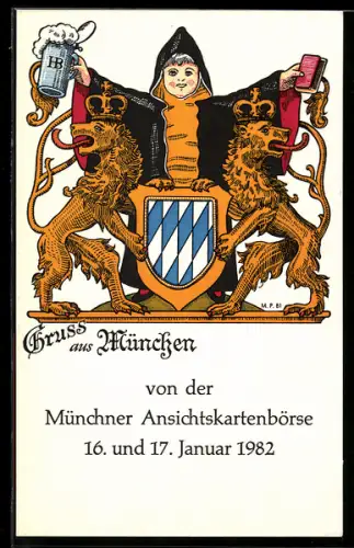 AK München, Ansichtskartenbörse Januar 1982, Münchner Kindl und bayer. Wappen