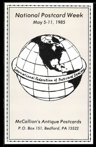 AK Bedford, PA, National Postcard Week 1985, McCallion`s Antique Postcards, Ansichtskartenbörse