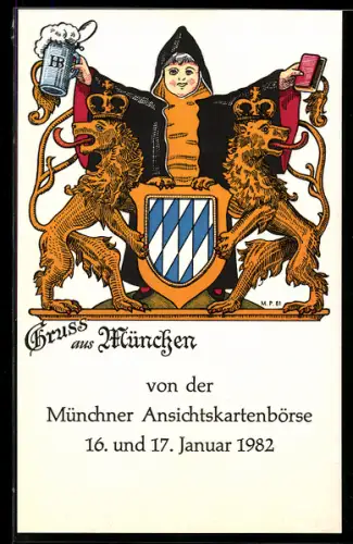AK München, Ansichtskartenbörse 1982, Münchner Kindl und bayerisches Wappen