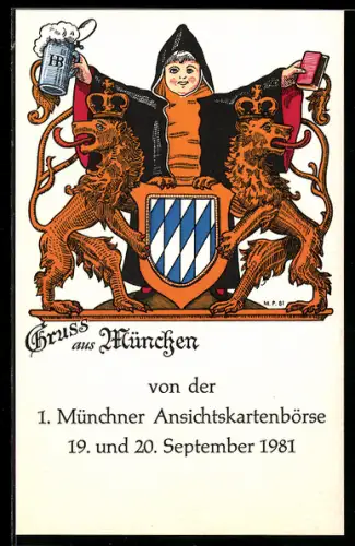 AK München, Ansichtskartenbörse September 1981, Münchner Kindl und bayerisches Wappen