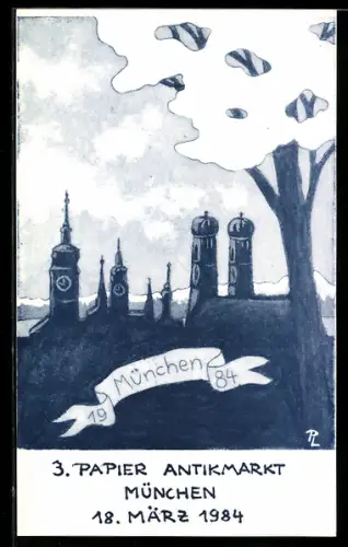 AK München, 3. Papier-Antikmarkt München 1984, Silhouette der Frauenkirche, Ansichtskartenbörse