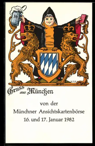 AK München, Ansichtskartenbörse Januar 1982, Münchner Kindl und bayerisches Wappen