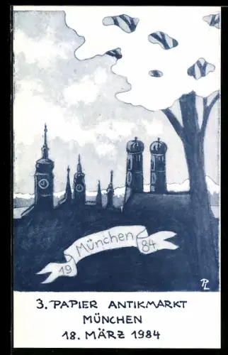 AK München, 3. Papier-Antikmarkt München 1984, Silhouette von München, Ansichtskartenbörse