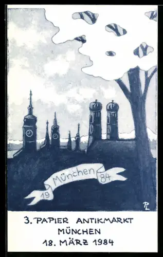 AK München, 3. Papier-Antikmarkt München 1984, Silhouette von München, Ansichtskartenbörse