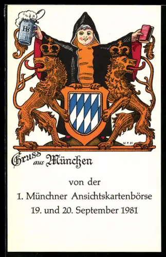 AK München, Ansichtskartenbörse 1981, Münchner Kindl und bayerisches Wappen