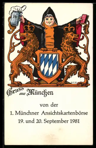 AK München, Ansichtskartenbörse September 1981, Münchner Kindl und bayerisches Wappen