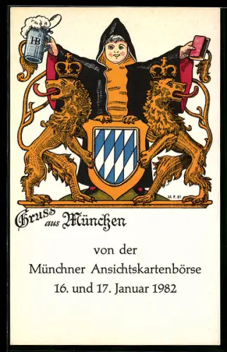 AK München, Ansichtskartenbörse 1982, Münchner Kindl und bayerisches Wappen
