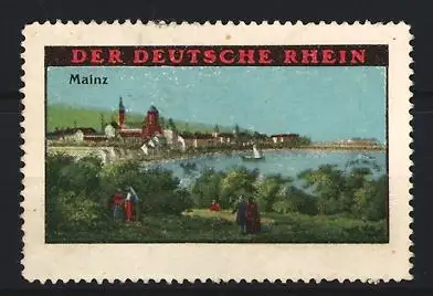 Reklamemarke Mainz, Der Deutsche Rhein, Flusslandschaft mit Ortsansicht