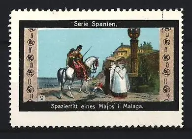 Reklamemarke Spanien, Spazierritt eines Majos in Malaga, Reiter auf Pferd