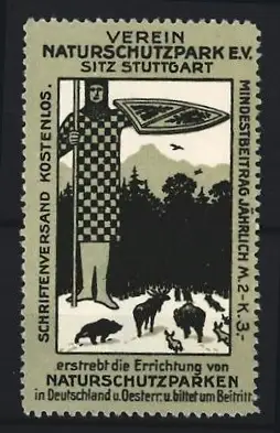 Reklamemarke Stuttgart, Verein Naturschutzpark, Schutzpatron mit Schild und Wildtiere