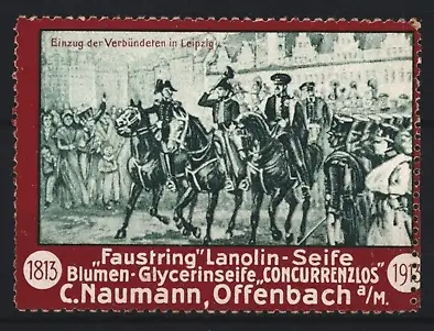 Reklamemarke Leipzig, Faustring Lanolin-Seife, Einzug der Verbündeten in Leipzig 1813