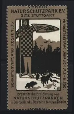 Reklamemarke Stuttgart, Naturschutzpark E.V., Schutzpatron mit Schild und Wildtieren