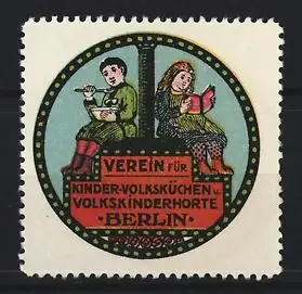 Reklamemarke Berlin, Verein für Kinder-Volksküchen u. Volkskinderhorte, Kinder mit Buch und Schüssel