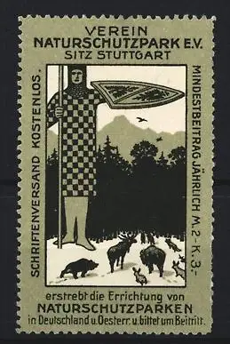 Reklamemarke Stuttgart, Verein Naturschutzpark e.V., Wächter mit Tieren im Wald
