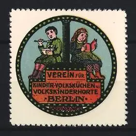 Reklamemarke Berlin, Verein für Kinder-Volksküchen, Kinder mit Buch und Besteck