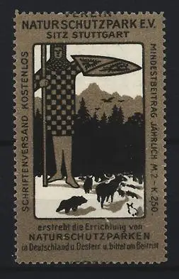 Reklamemarke Stuttgart, Naturschutzpark E.V., Wächter mit Schild und Tieren des Waldes