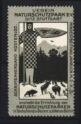 Reklamemarke Stuttgart, Verein Naturschutzpark e.V., Schutzpatron mit Schild und Waldtiere