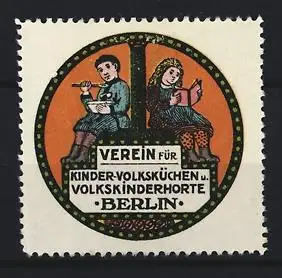 Reklamemarke Berlin, Verein für Kinder-Volksküchen, Kinder beim Essen und Lesen