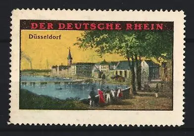 Reklamemarke Düsseldorf, Der Deutsche Rhein, Flusslandschaft mit Ortsansicht