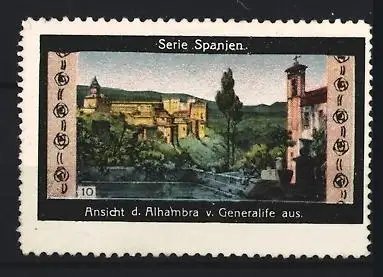Reklamemarke Spanien, Ansicht der Alhambra von Generalife aus, Alhambra