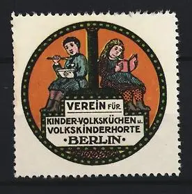 Reklamemarke Berlin, Verein für Kinder-Volksküchen u. Volkskinderhorte, Kinder mit Buch und Löffel
